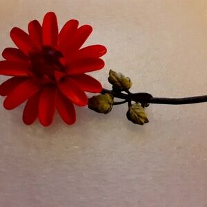 Vintage Signed Coro Brooch Red Black Green Enamel Flower 50s